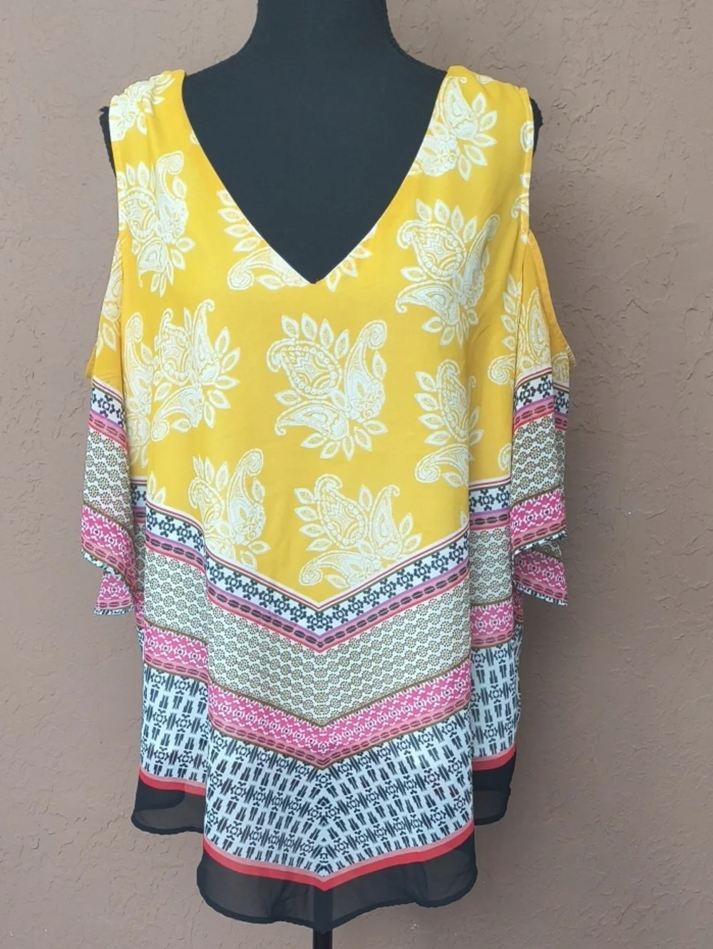 DR2 Daniel Rainn Cold Shoulder Blouse Boho Handkerchief Hem Size XL